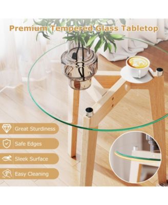 Tempered Glass End Table Round with Solid Rubber Wood Structure-1 Piece