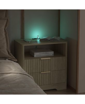 Nightstand with Charging Stations and Night Light, 2-Drawer Bedside Table with Open Storage Shelf for Bedroom, Living Room