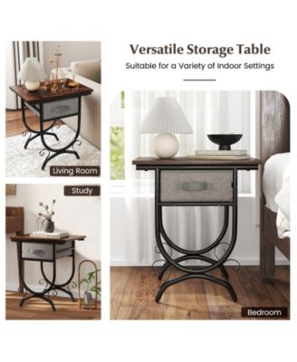 Side Table with Fabric Drawer and Carved Metal Frame for Living Room