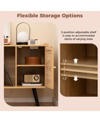 Record Player Stand with Charging Station and Rattan Cabinet for Living Room