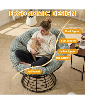 360degree(s) Swivel Rattan Lounge Chair, Wicker Papasan Seat with Plush Cushion, Sturdy Frame Holds Up to 300 LBS for Bedroom and Balcony