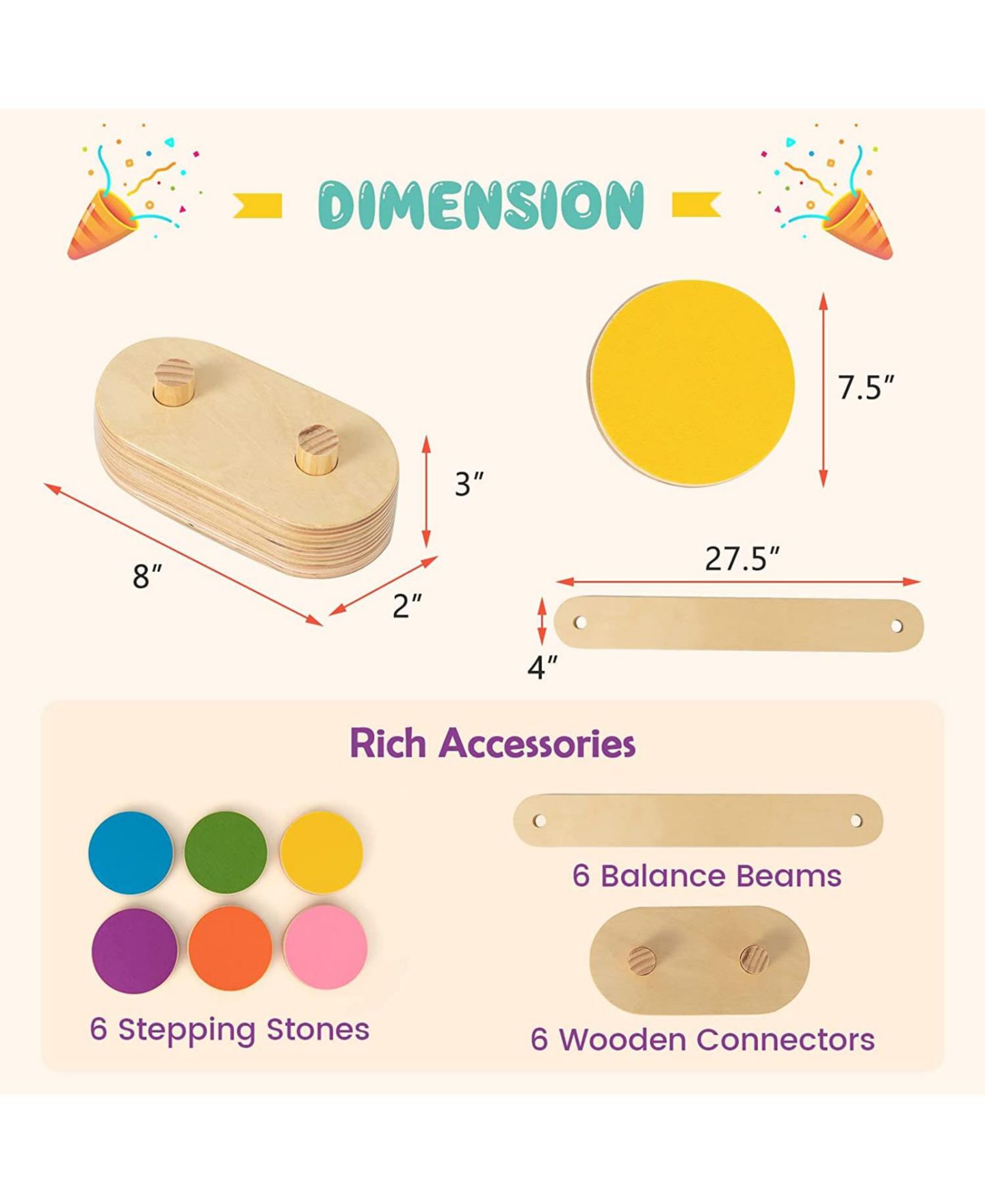 Детские игрушки Slickblue 12-Piece Wooden Colorful Balance Beam with Stepping Stones, Ages 3+, цвет: Светлый коричневый — фото 3