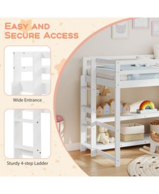 Kids Loft Bed with Storage Shelves and Safety Guardrails