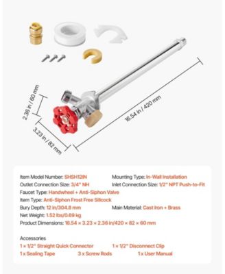 Anti-Siphon Frost-Proof Sillcock, 12" Outdoor Faucet Bib with Backflow Preventer