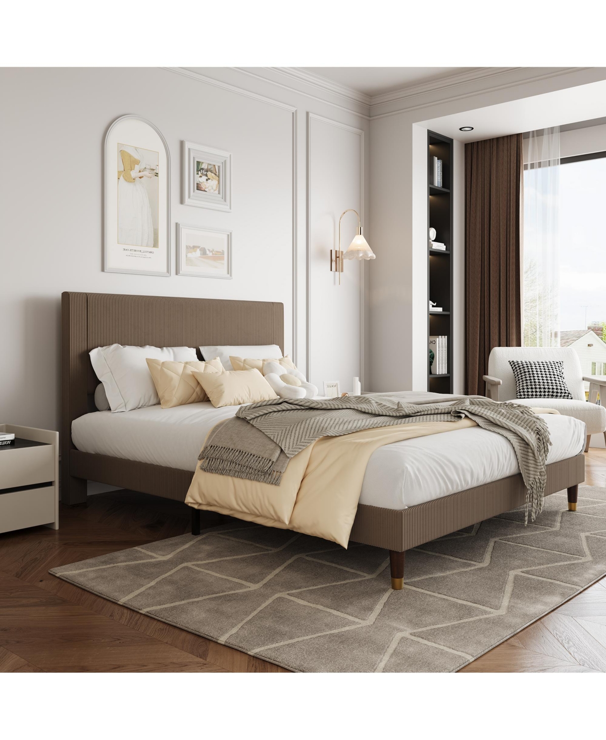 Homfan Upholstered Platform Bed Frame with Headboard - Modern Low Profile, Sturdy Metal and Wooden Slats, Noise-Free