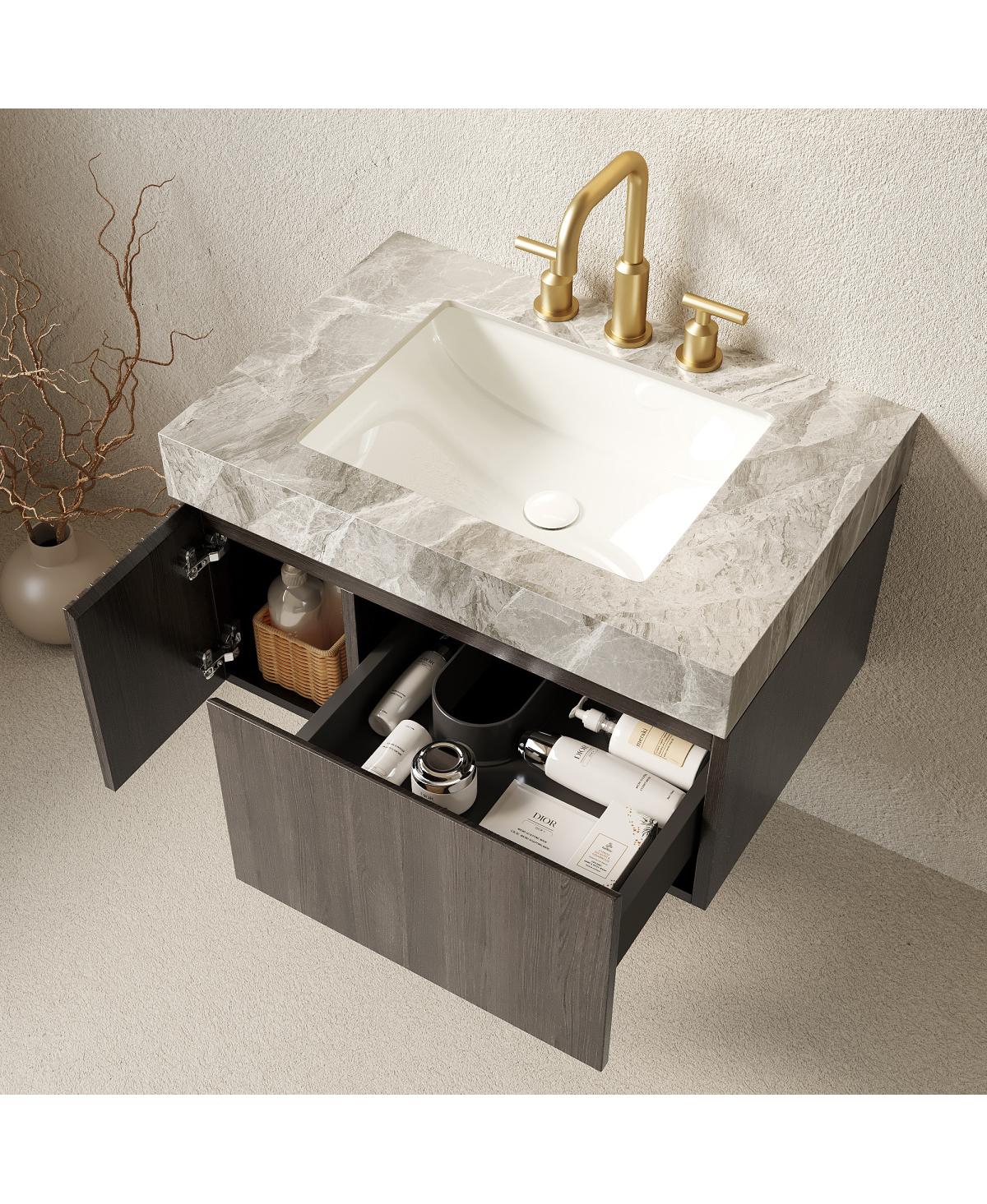 Sillysis Floating Bathroom Vanity with Italian Sintered Stone Top, Plywood Cabinet, 3 Hole Ceramic Sink, Soft Close Storage