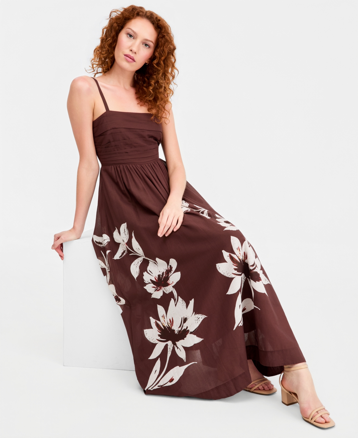 Tahari Asl Women's Pleated-Bodice Printed Cotton Maxi Dress