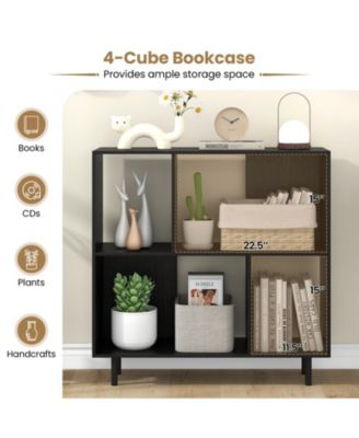 4-Compartment Open Shelf Bookcase with Metal Legs, 35.5 x 12 x 35.5 in