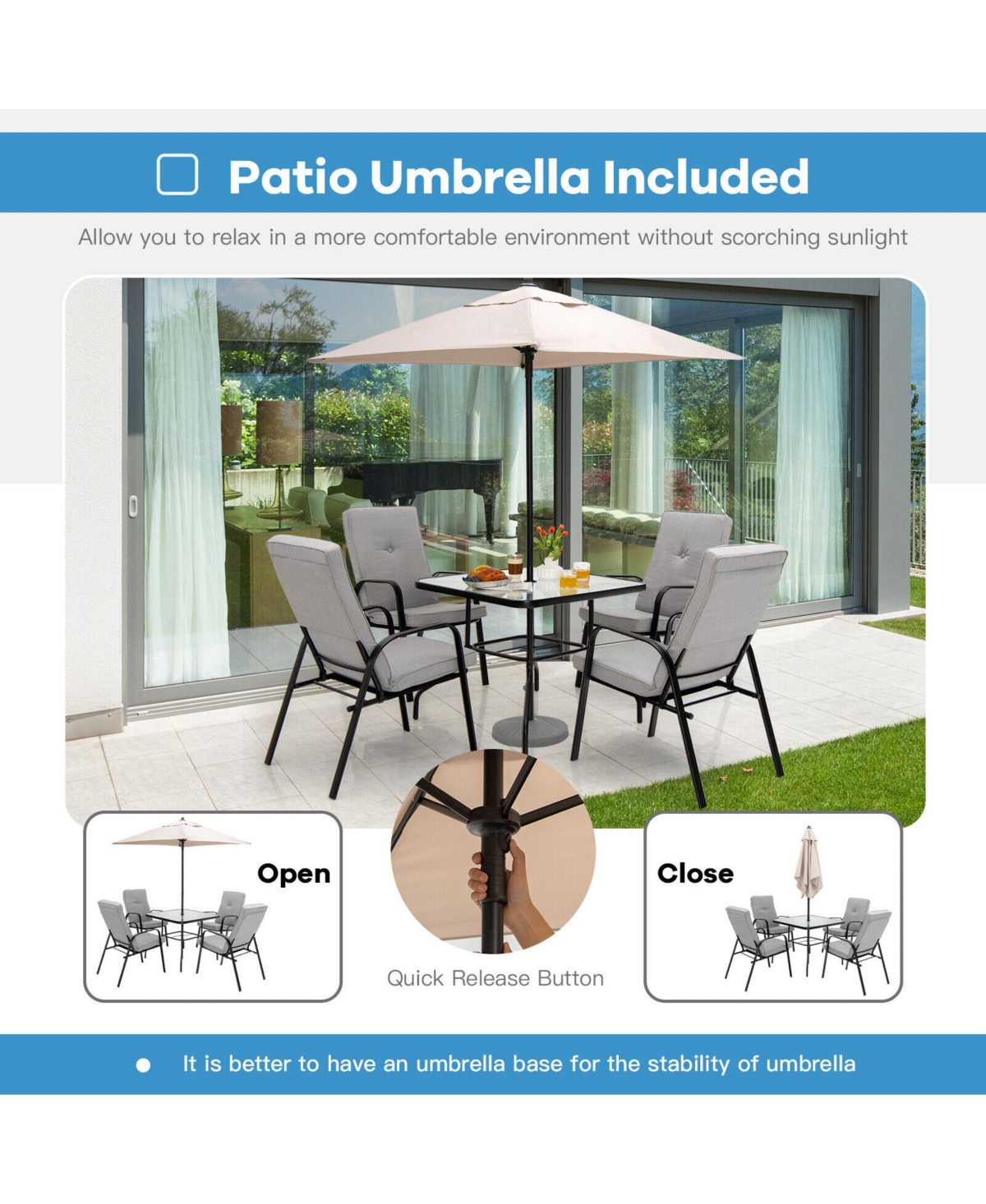 Mecale 5 Feet Patio Square Market Table Umbrella Shelter with 4 Sturdy Ribs
