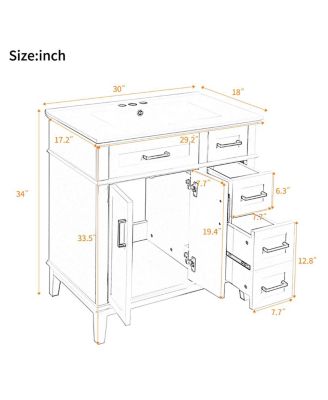 30 Inch Modern Bathroom Vanity with Ceramic Sink, Solid Wood MDF Freestanding Cabinet, Soft Close Drawers for Small Spaces