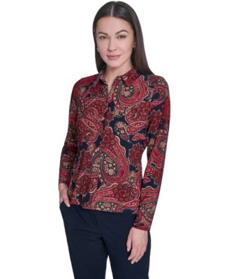 Women's Long-Sleeve Paisley Print Collared Top