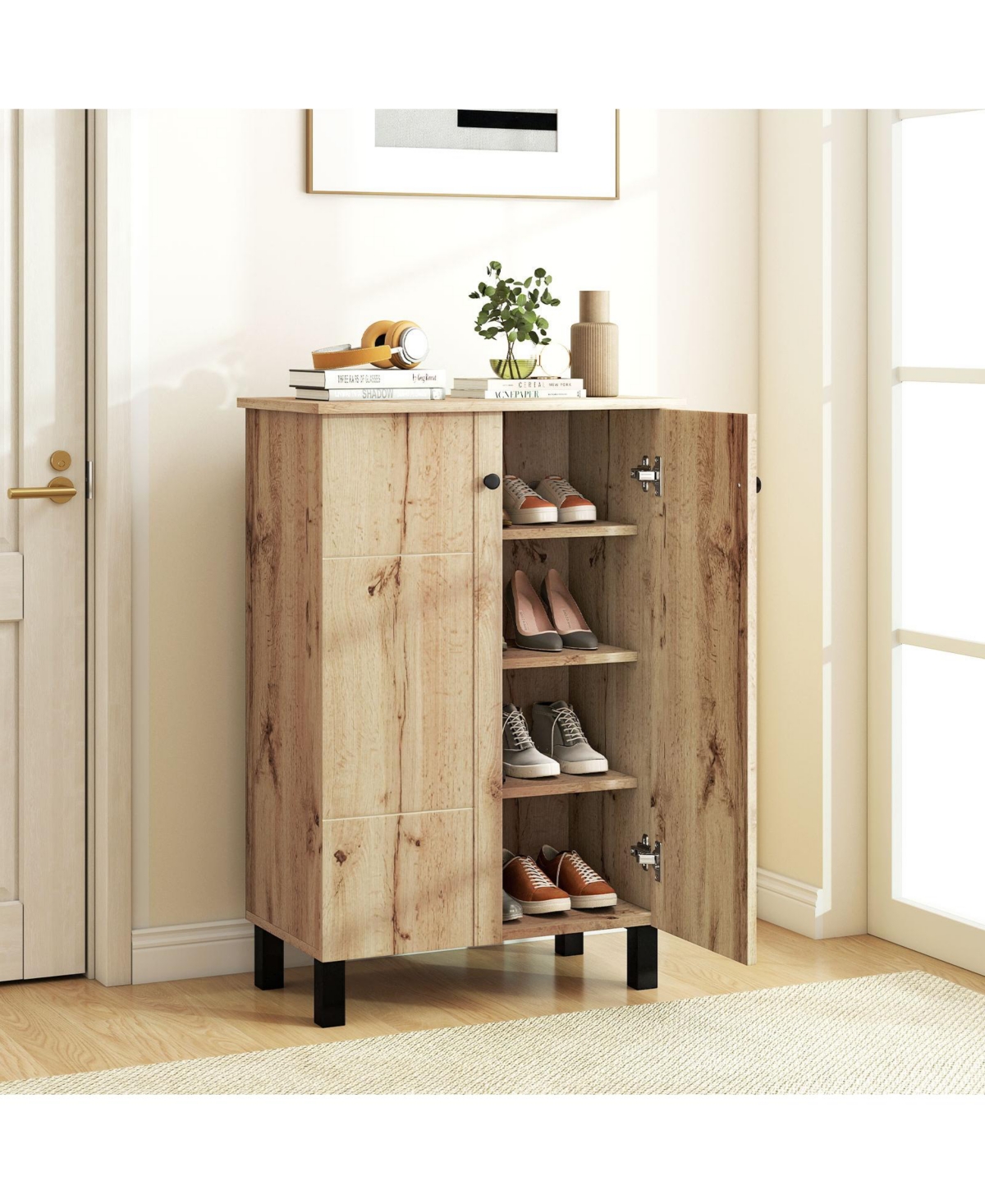 Gouun 4-Tier Shoe Cabinet with 2 Doors and Removable Shelves