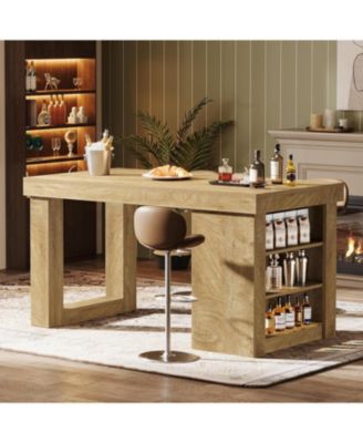 Wooden Farmhouse Bar Table, 55" Large Counter Height Table with Storage Shelves, Modern Home Bar Furniture