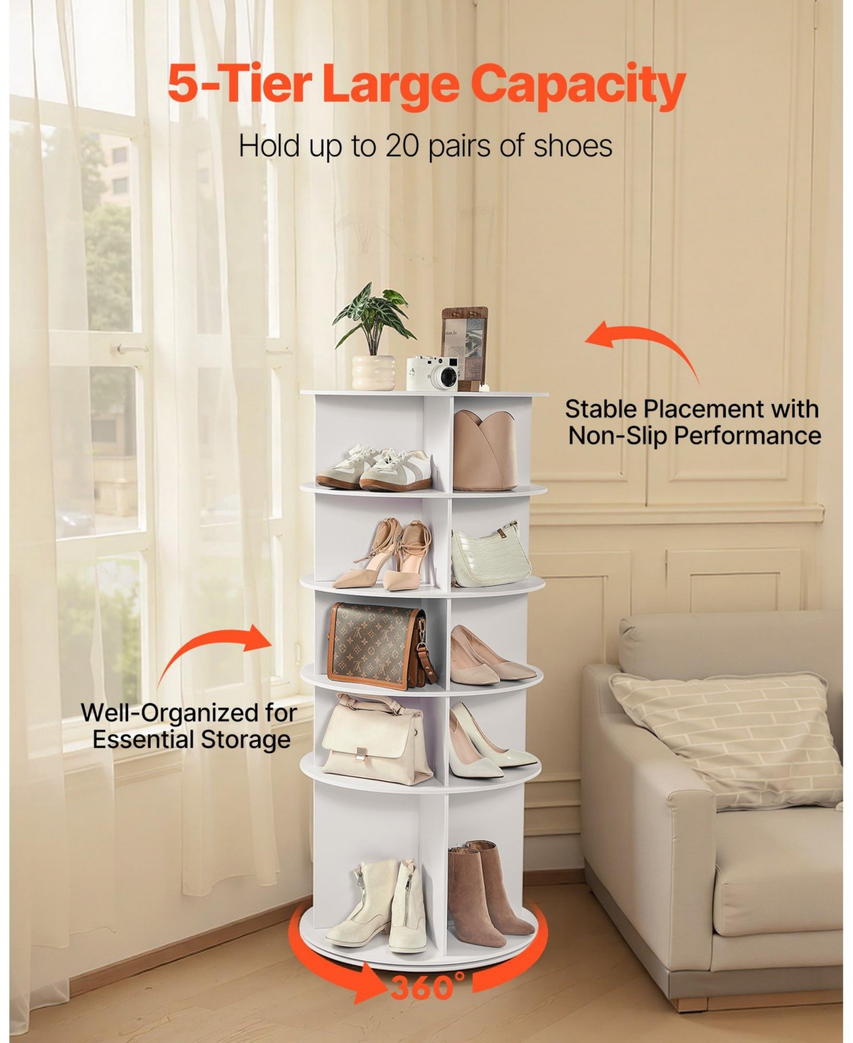 Gouun 5-Tier 360 Degree Rotating Shoe Rack Tower, 20-Pair Capacity
