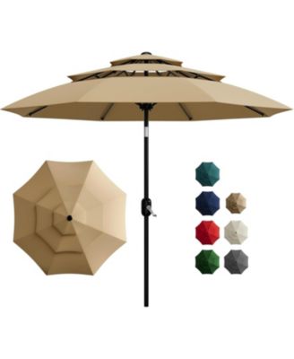 10Ft 3-Tier Patio Umbrella, Outdoor Table Umbrella with Vents, Easy Crank and Push Button Tilt, Market Umbrella with 8 Sturdy Ribs for Pool