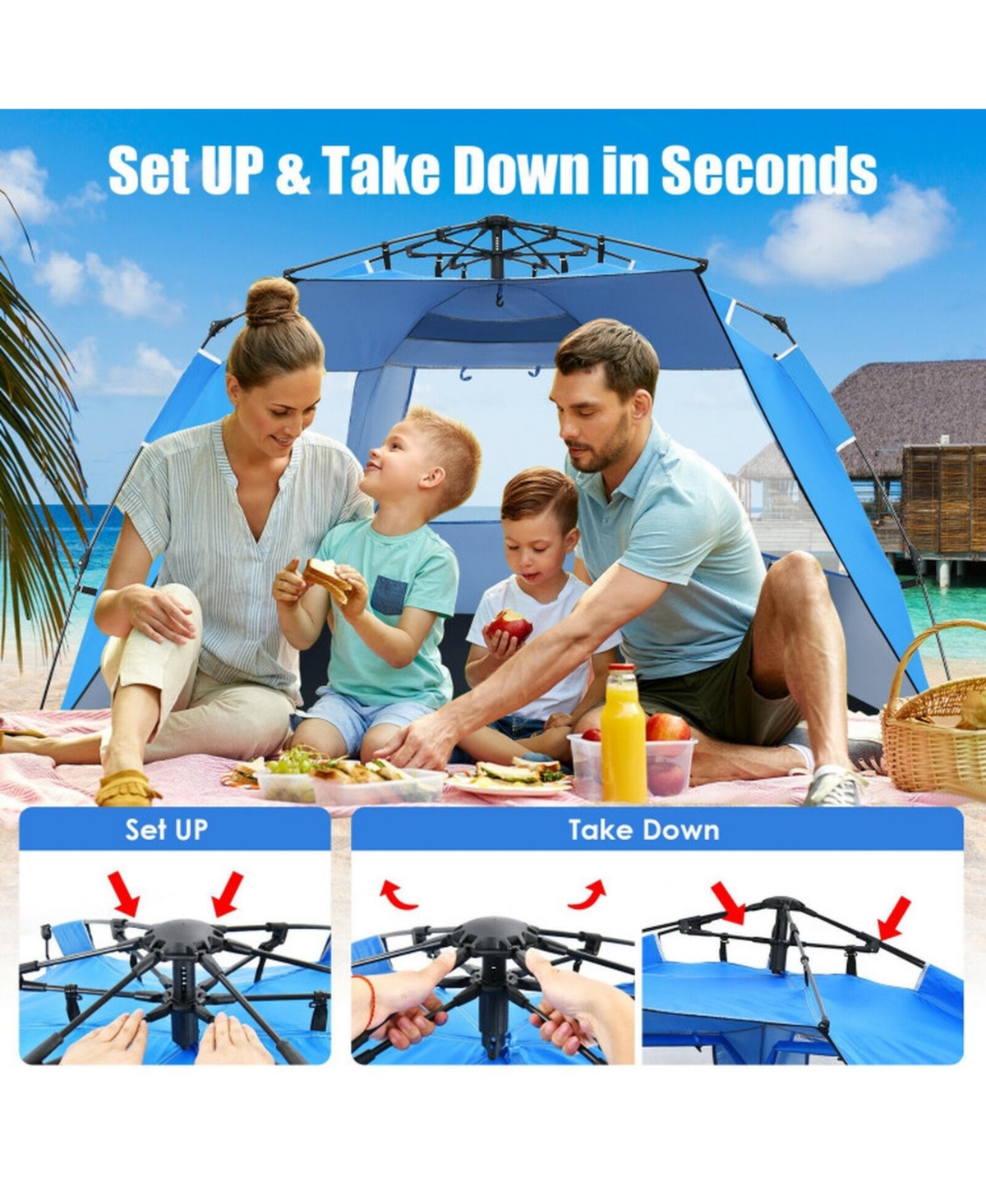 Gouun 3-4 Person Pop-Up Beach Tent with Upf 50+ Protection and Front Porch