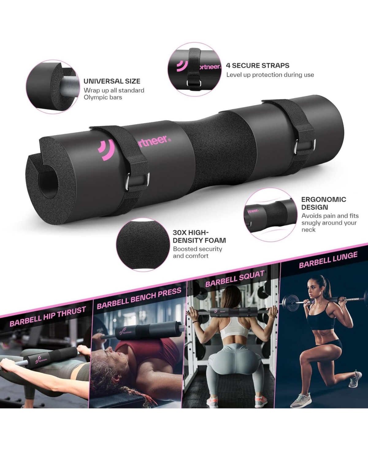 Sportneer Barbell Pad Set, 10 Pc Squat Pad Kit with Ankle Straps, Lifting Straps & Bands