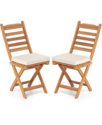 Set of 2 Folding Acacia Wood Patio Dining Chairs with Cushioned Seats