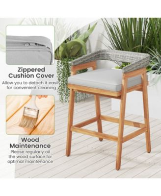 Acacia Wood Counter Height Bar Stool Set of 2 with Wicker Backrest, Cushion and Footrest