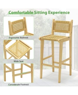 Teak Wood Bar Height Stool with Hand-Woven Rattan Backrest and Integrated Footrest