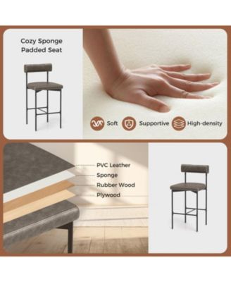 Upholstered Counter Height Bar Stool Set of 2 with Padded Backrest and Metal Frame