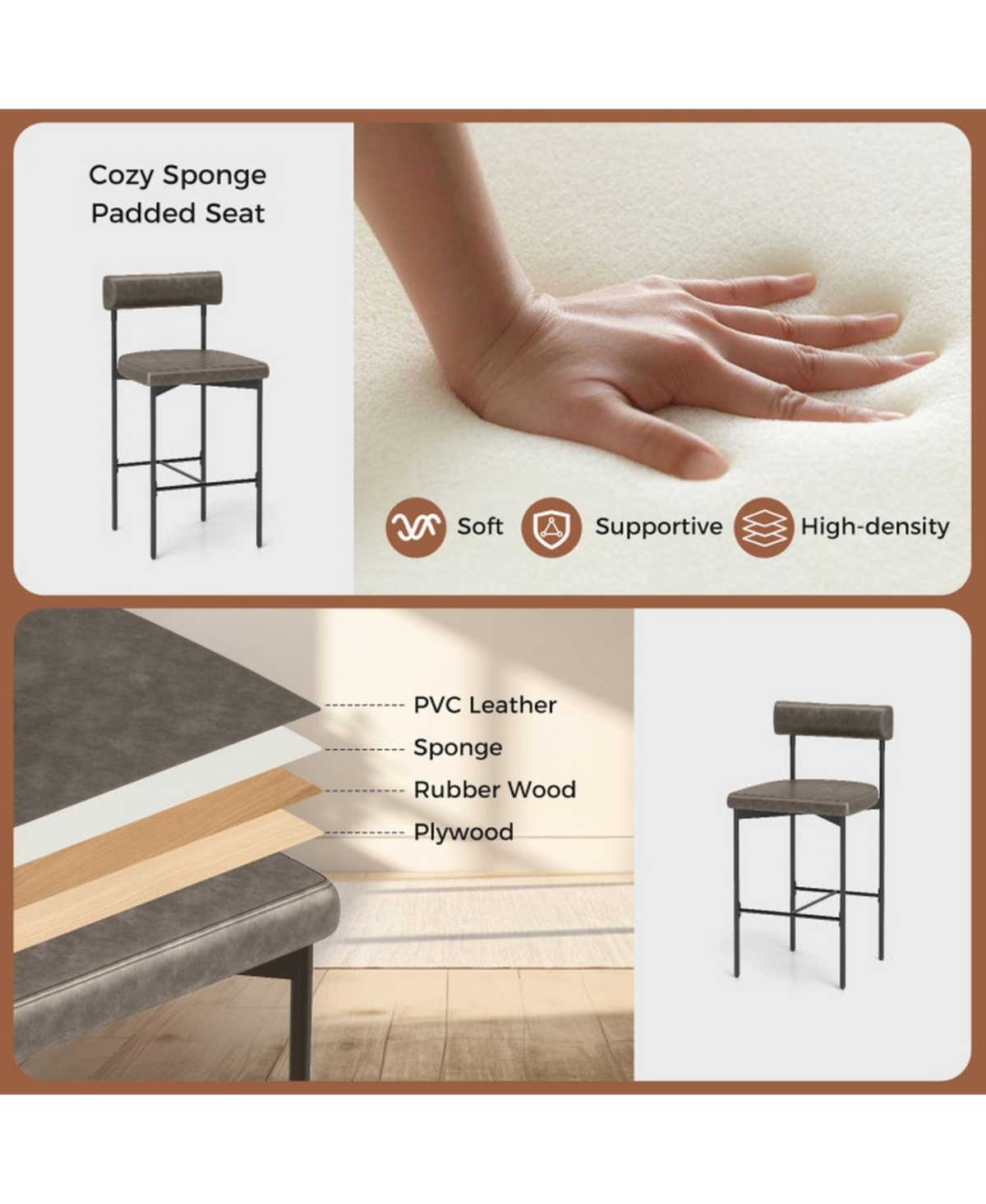 Gouun Upholstered Counter Height Bar Stool Set of 2 with Padded Backrest and Metal Frame