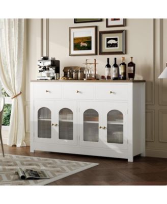 Farmhouse Large Buffet Sideboard Cabinet with Four Doors Three Drawers Adjustable Shelves and Fluted Acrylic Doors