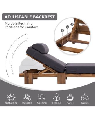 78.8'' Outdoor Chaise Lounge Chair, Acacia Wood Reclining Chair with Headrest, Retractable Side Tray and Adjustable Backrest for Beach
