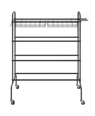 4-Tier Rolling Basketball Rack with Wheels, Hooks & Baskets, Sports Equipment Storage Organizer for Garage, Balls & Gear