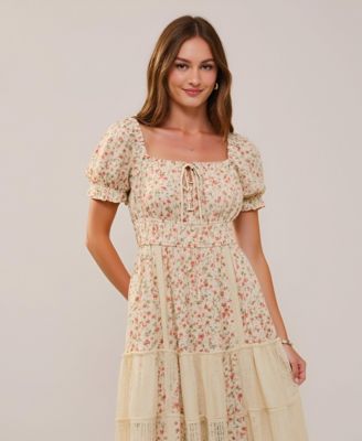 Women's Floral Puff-Sleeve Smocked-Waist Maxi Dress