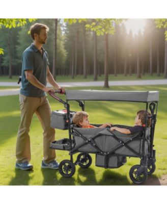 Wagon Stroller for 2 Kids, Collapsible Push Pull Quad Stroller with Adjustable Handle, Harness, Removable Canopy