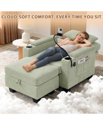 Multi-Functional Accent Chair and Storage Ottoman, Convertible Chaise Sleeper with USB and Phone Stand for Living Room and Apartment