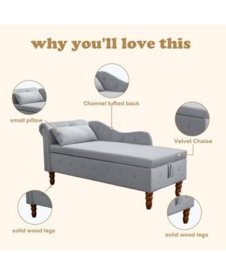 Velvet Upholstered Chaise Lounge Chair, Modern Rolled Armrest Accent Chair with Hidden Storage, Nailhead Trim and Pillow for Living Room