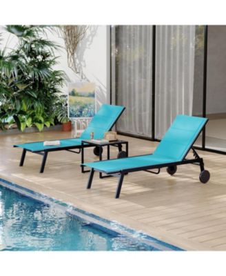 Outdoor Chaise Lounge Chairs with Wheels & Side Table Set of 3, 5-Position Adjustable Backrest Poolside