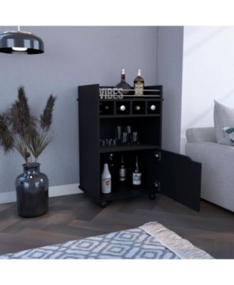 35 Inch Bar Cart with 2 Shelves, 4 Wine Cubbies and 1 Cabinet