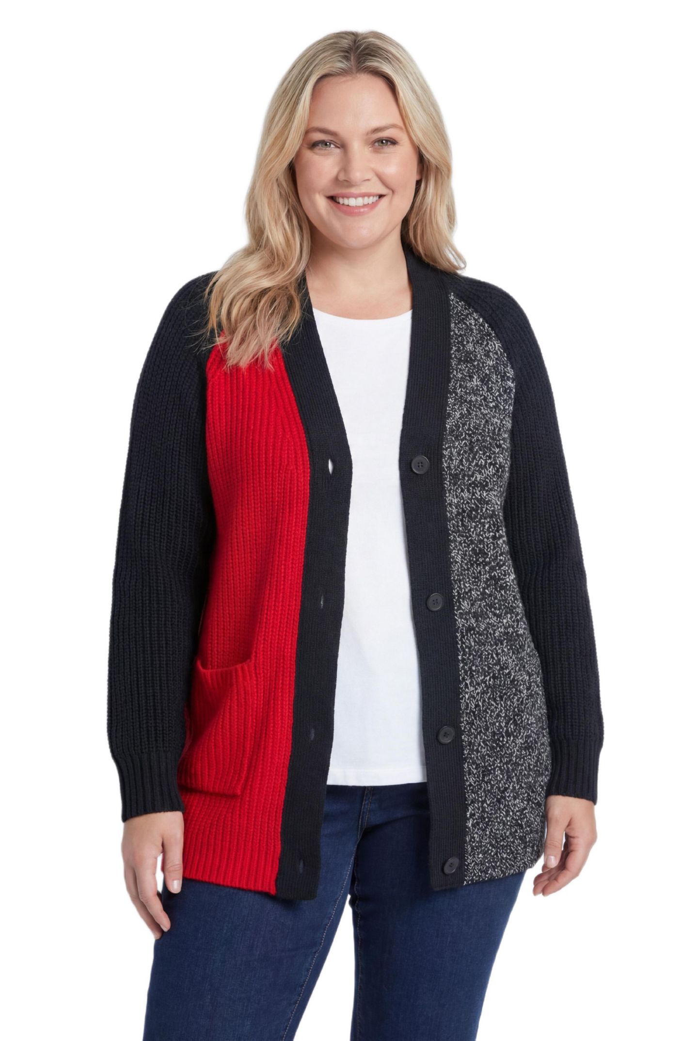 Женский кардиган Woman Within Within Button-Front Shaker Cardigan, цвет: Чёрный красный — фото 1