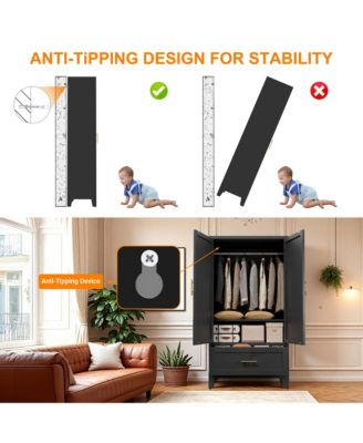 Wardrobe Cabinet, 60" Tall Armoire Wardrobe Closet with 1 Drawer, 2 Doors and Hanging Rod, Farmhouse Clothing Storage Cabinet for Bedroom