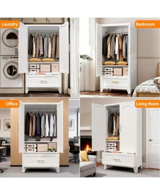 60 Inch Tall Farmhouse Armoire Wardrobe Closet, Clothing Storage Cabinet with 2 Doors, 1 Drawer and Hanging Rod for Bedroom