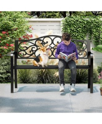 50 Inches Outdoor Cast Iron Metal Patio Bench with Floral Design Backrest and Slatted Seat