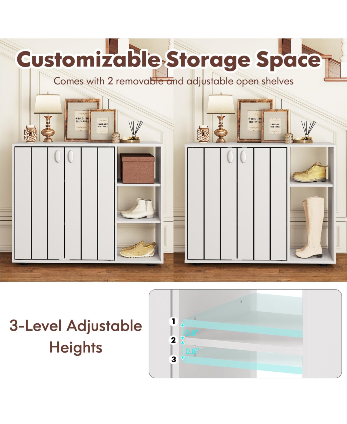 Sugift 3-Tier Shoe Cabinet with Doors with Adjustable Open Shelves for Entryway