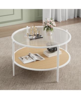 Round Coffee Table, 2-Tier Tea Table with Rattan Storage Shelf, Tempered Glass Tabletop, Boho Cocktail Tables Modern Center Table