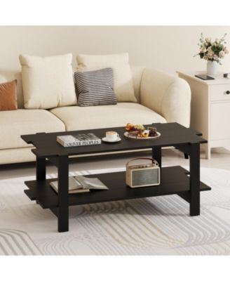 2-Tier Coffee Table Slatted Wood Center Table with Storage Shelf