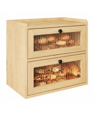 Double Layer Wooden Bread Box with Window Ventilation Pine Construction Countertop Storage