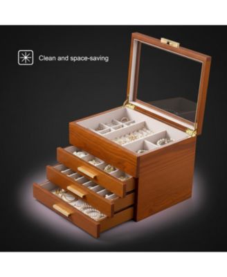 3-Layer Clear Window Wood Grain Jewelry Organizer Box for Earrings Bracelets Necklaces Rings High Capacity Storage Gift