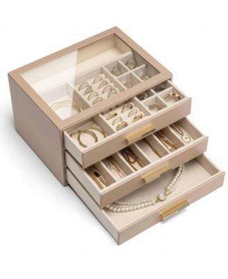 3-Layer Organizer with Drawers Glass Lid Display Storage Soft PU Leather Exterior Contrast Metal Handles Refined Style
