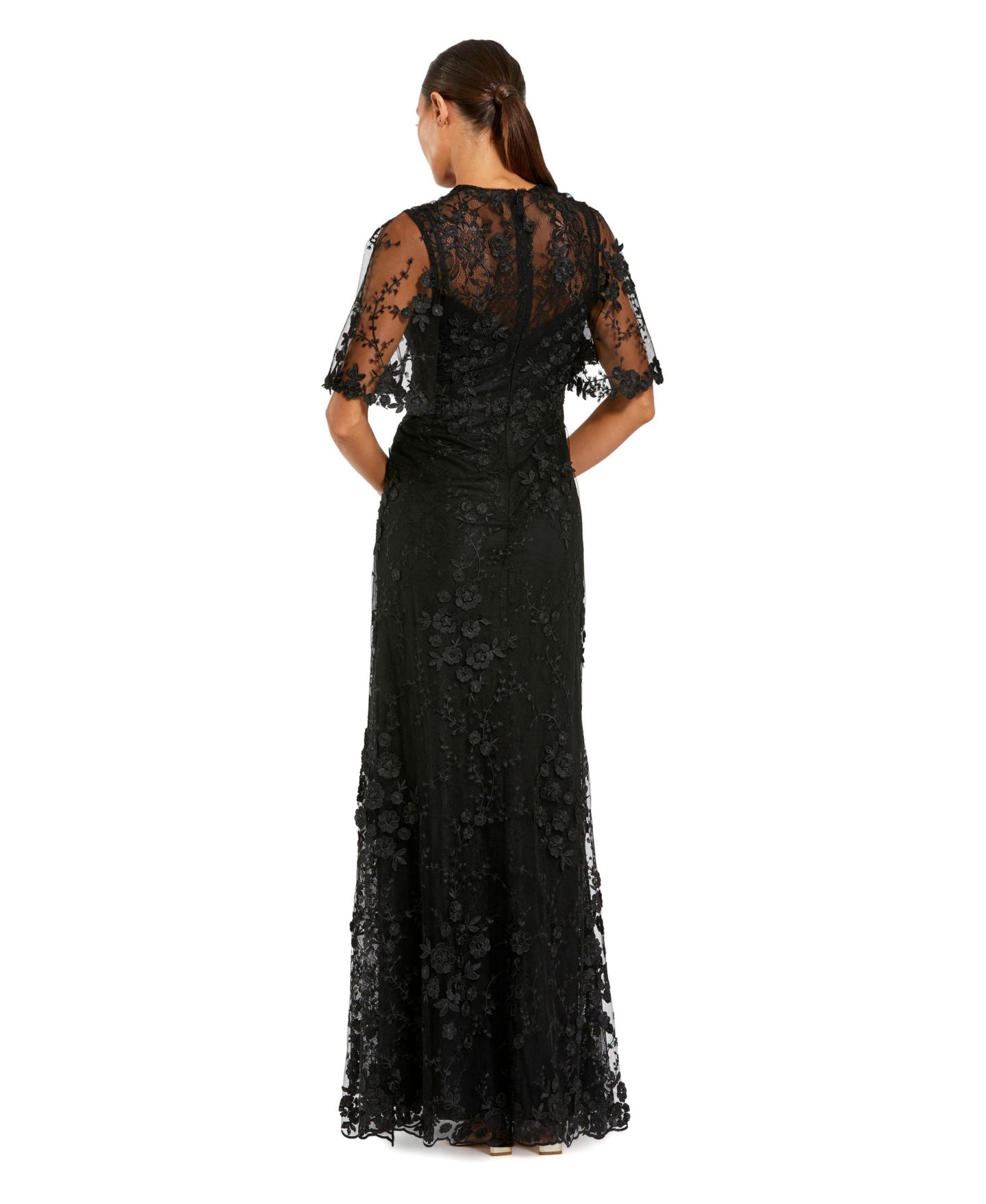 Женское платье Mac Duggal Petite Flutter Sleeve Floral Embroidered Net Gown, цвет: Чёрный — фото 2
