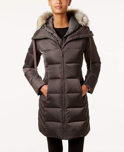 tahari faux fur trim hood long puffer jacket