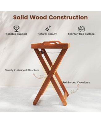 Outdoor Wood Tray Table Portable Side End Table with Folding Frame