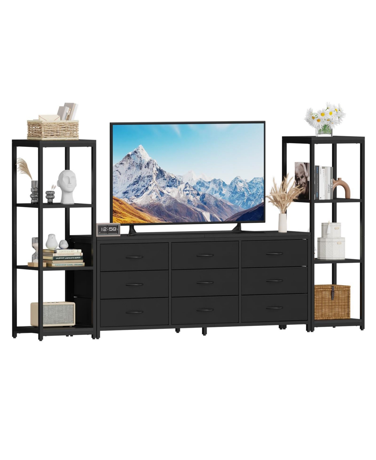 gaomon Tv Stand Dresser for Up to 75" Tv, 9 Fabric Drawers, 2 4-Tier Shelves, Wood Look - Black