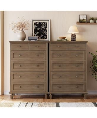 Bedroom 47" Tall 6 Drawer Dresser, Vintage Wood Chest of Drawers with Carved Handles.